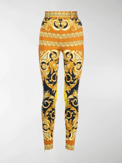 Shop Versace Barocco Print Slim Trousers In Yellow