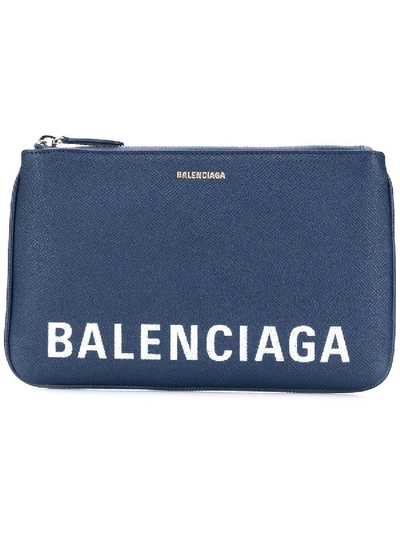 Shop Balenciaga Pebbled Texture Logo Pouch Blue