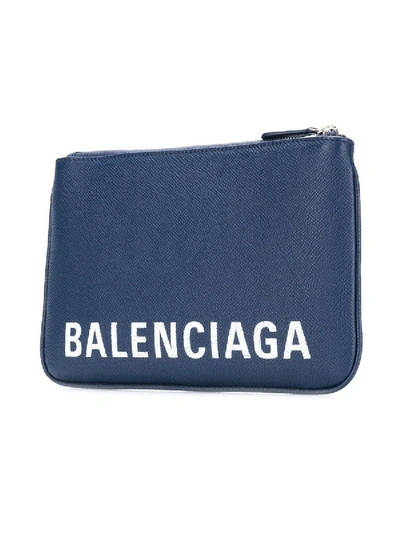 Shop Balenciaga Pebbled Texture Logo Pouch Blue