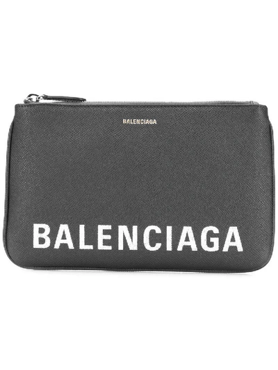 Shop Balenciaga Pebbled Texture Logo Pouch Black