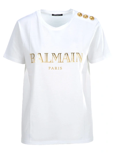 Shop Balmain Logo Print T-shirt In White + Gold