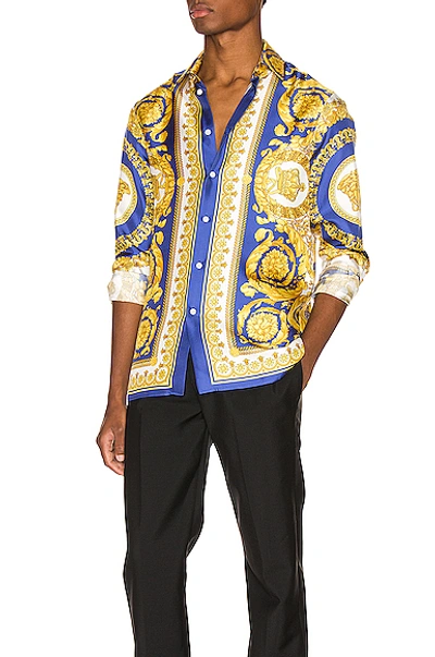 Shop Versace Printed Silk Shirt In Blue