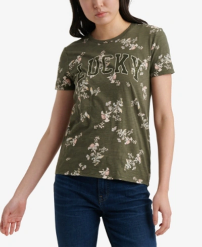 Shop Lucky Brand Cotton Floral-print Logo T-shirt In Dark Green