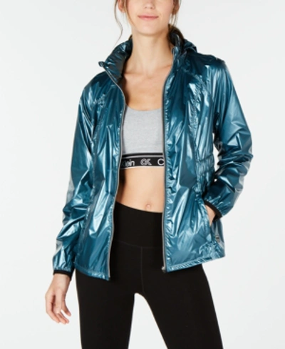 Shop Calvin Klein Performance Metallic Water-repellent Hooded Jacket In Teal Dusk