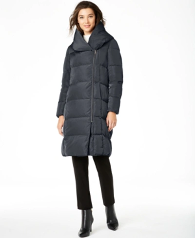 Shop Cole Haan Signature Asymmetrical Pillow-collar Down Puffer Coat In Graphite