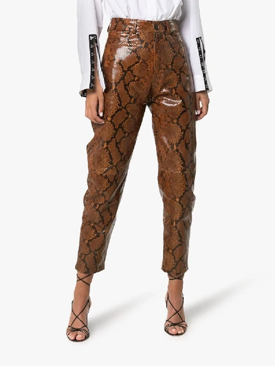 Shop Attico Python Print Leather Trousers In Brown
