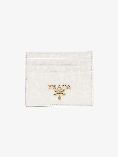 Shop Prada White Logo Plaque Leather Card Holder