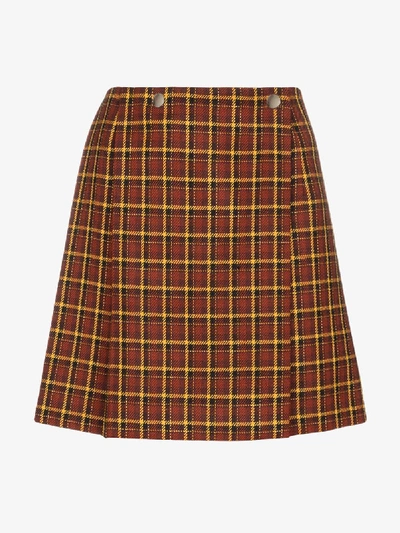 Shop Plan C Check Pleated Wool Skirt In Brown