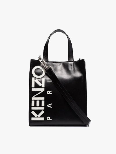 Shop Kenzo Black Logo Print Leather Tote Bag