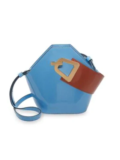 Shop Danse Lente Mini Johnny Geometric Patent Leather Bucket Bag In Blue