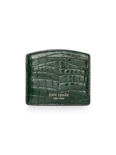 Shop Kate Spade Sylvia Croc-embossed Patent Leather Card Holder In Green