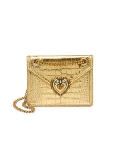 Shop Dolce & Gabbana Mini Devotion Croc-embossed Metallic Leather Crossbody Bag In Light Gold