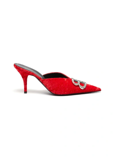 Shop Balenciaga 'knife' Strass Logo Crushed Velvet Mules In Red