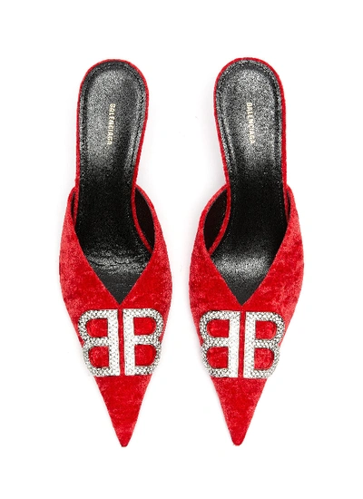 Shop Balenciaga 'knife' Strass Logo Crushed Velvet Mules In Red