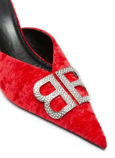 Shop Balenciaga 'knife' Strass Logo Crushed Velvet Mules In Red