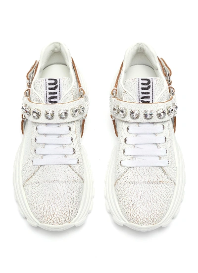 Shop Miu Miu Glass Crystal Strap Crackle Leather Chunky Sneakers