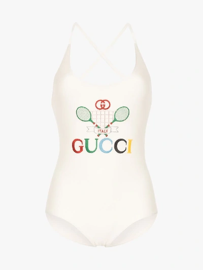 Shop Gucci Embroidered Tennis Logo Swimsuit In White
