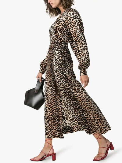 Shop Ganni Leopard Print Silk Wrap Dress In Brown