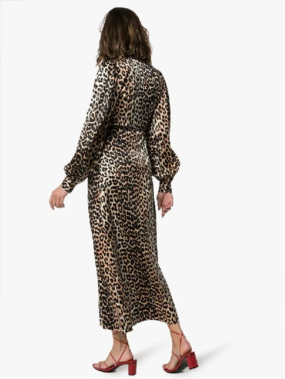 Shop Ganni Leopard Print Silk Wrap Dress In Brown