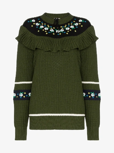 Shop Miu Miu Frill Floral Ribbed Sweater In Green
