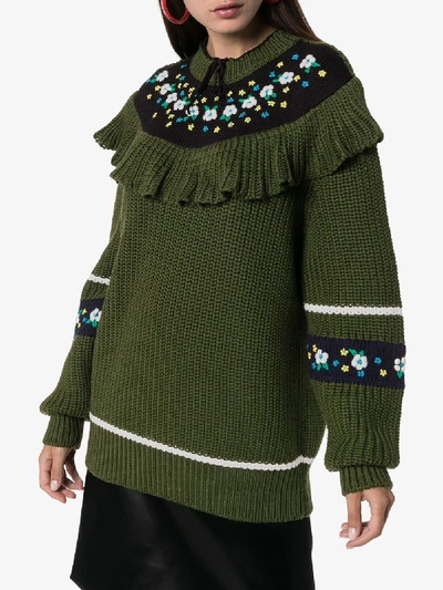 Shop Miu Miu Frill Floral Ribbed Sweater In Green
