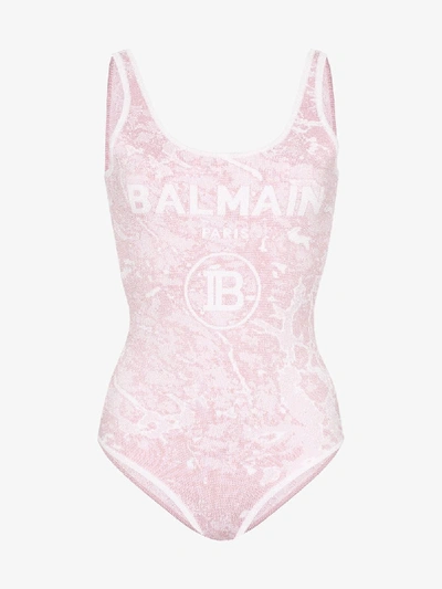 Shop Balmain Logo Print Knitted Bodysuit In Pink