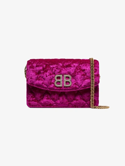 Shop Balenciaga Purple Bb Crystal Logo Quilted Velvet Bag