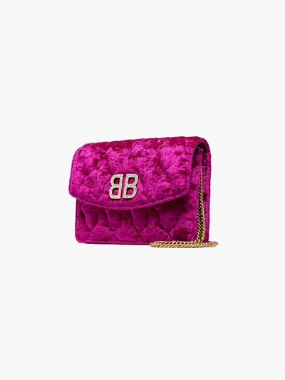 Shop Balenciaga Purple Bb Crystal Logo Quilted Velvet Bag