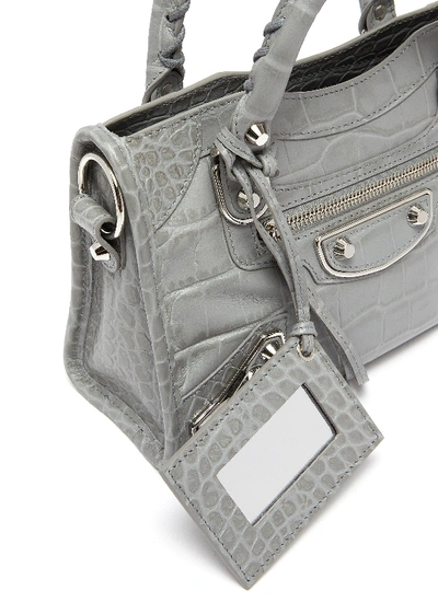 Shop Balenciaga 'classic City' Mini Croc Embossed Leather Shoulder Bag In Light Grey