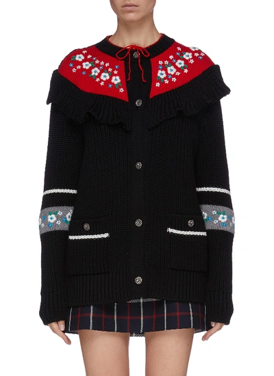 Shop Miu Miu Floral Embroidered Bib Oversized Virgin Wool Cardigan