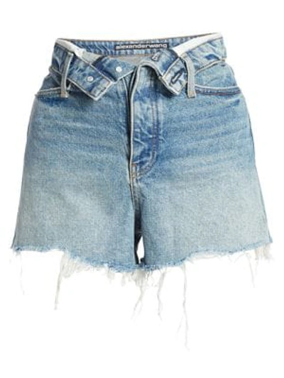 Shop Alexander Wang T Bite Foldover Frayed Denim Shorts In Vintage