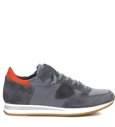 Shop Philippe Model Tropez Grey And Red Suede And Leather Sneaker In Grigio