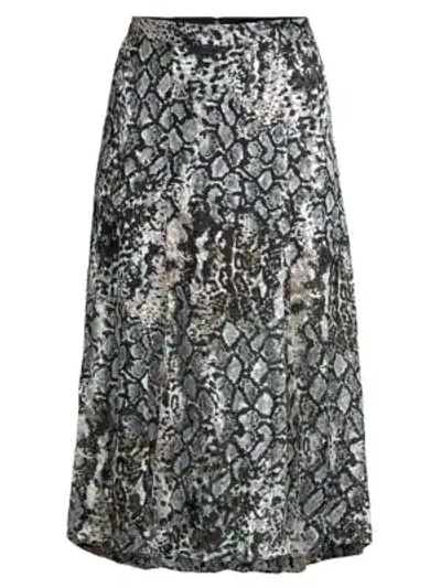 Shop Alice And Olivia Athena Python-print Stretch Silk A-line Midi Skirt In Black Multi