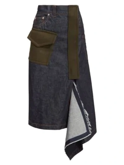 Shop Sacai Asymmetric Denim Midi Skirt In Blue Khaki