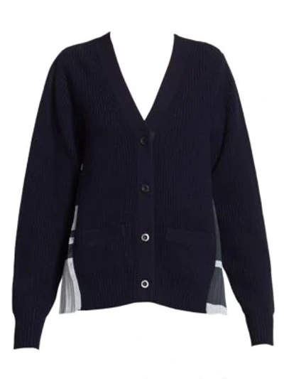 Shop Sacai Pleated Ribbed Wool Cardigan In Navy