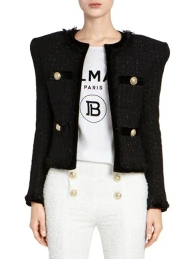 Shop Balmain Collarless Fringe Tweed & Velvet Jacket In Noir