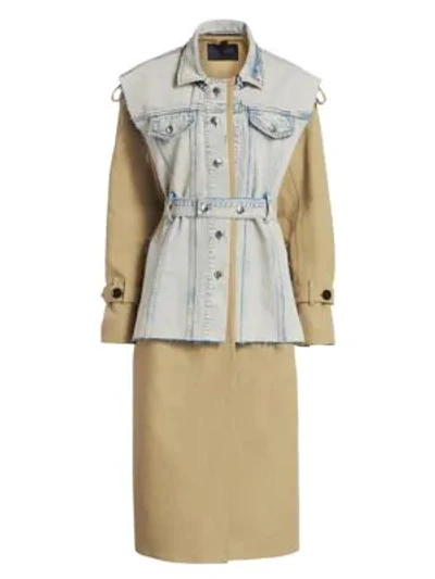 Shop Proenza Schouler Trench Coat With Removable Belted Denim Vest In Taupe Cobalt Stone Wash
