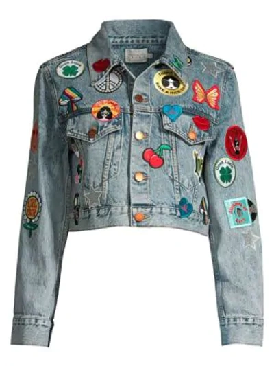 Shop Alice And Olivia Patch Cropped Jean Jacket In Pacific Cave