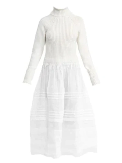 Shop Loewe Wool Rib-knit & Organdy Sheer Midi Dress In White