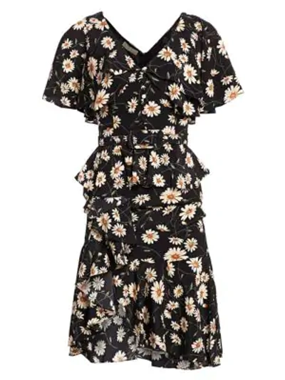 Shop Michael Kors Daisy Crepe De Chine Cascade Ruffle Belted Dress In Black Ivory