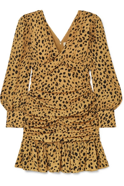 Shop Nicholas Ruched Ruffled Leopard-print Silk-crepe Mini Dress In Leopard Print