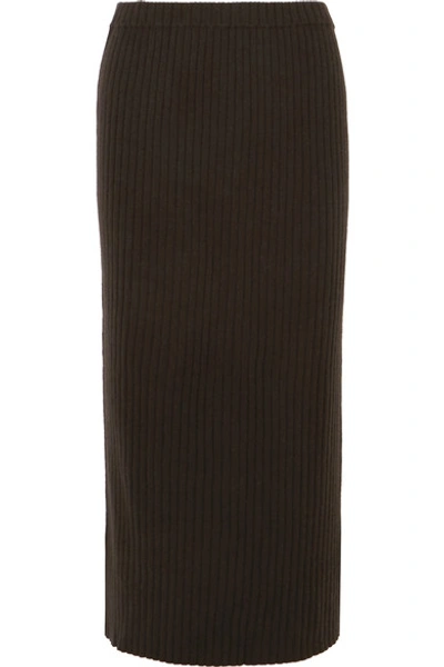 Shop Allude Ribbed Cashmere Midi Skirt In Brown