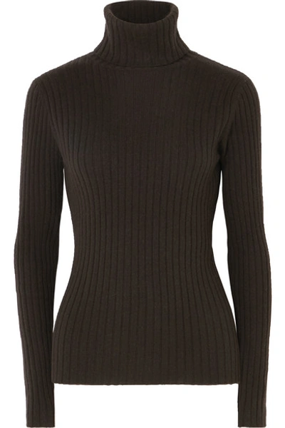 Shop Allude Ribbed Cashmere Turtleneck Sweater In Brown