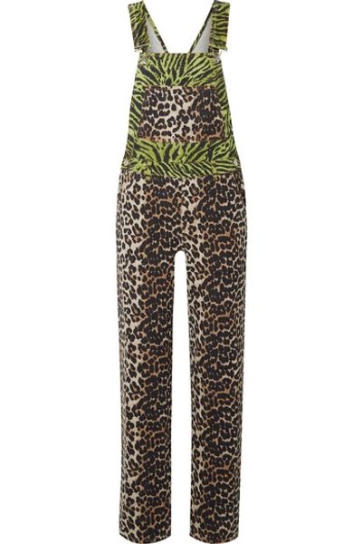 Shop Ganni Paneled Animal-print Denim Overalls In Leopard Print