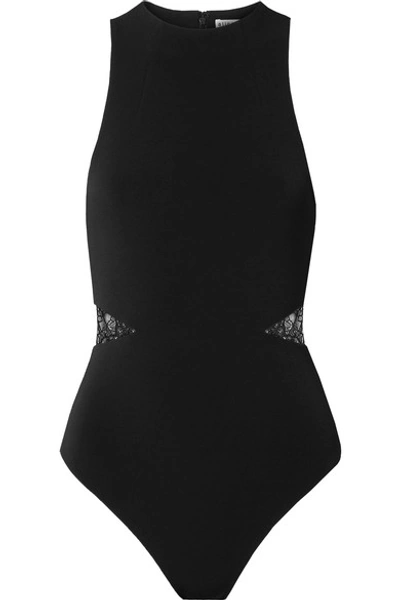 Shop Alice And Olivia Makeda Lace-trimmed Stretch-crepe Thong Bodysuit In Black
