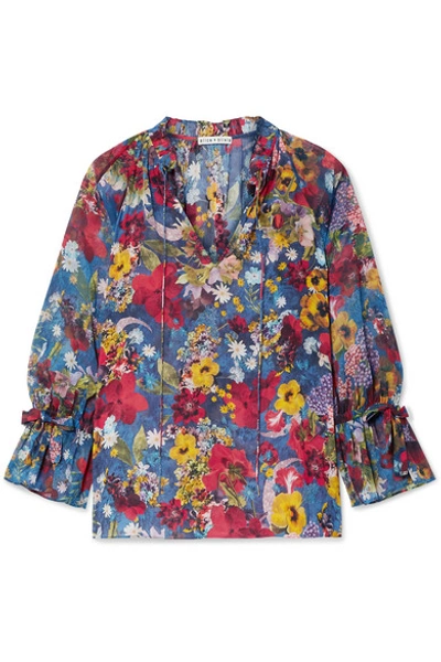 Shop Alice And Olivia Julius Floral-print Chiffon Blouse In Blue