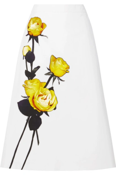 Shop Prada Floral-print Cotton-poplin Midi Skirt In White