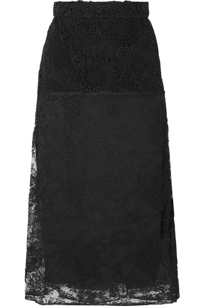Shop Prada Paneled Lace Midi Skirt In Black