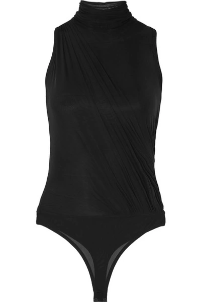 Shop Herve Leger Ruched Stretch-mesh Thong Bodysuit In Black