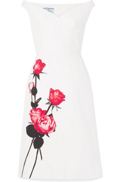 Shop Prada Off-the-shoulder Floral-print Cotton-poplin Midi Dress In White